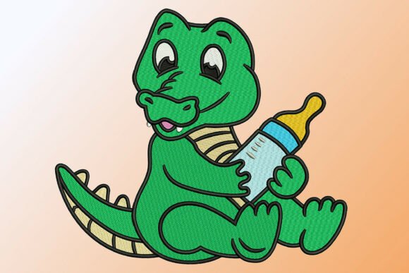 Charming Baby Alligator with Bottle Embroidery for Cute Kids’ Apparel